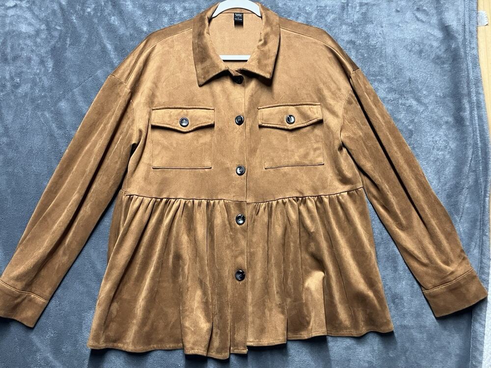 Boho Western Faux Suede Peplum Shacket Jacket Woman’s Camel Tan Babydoll Shirt L